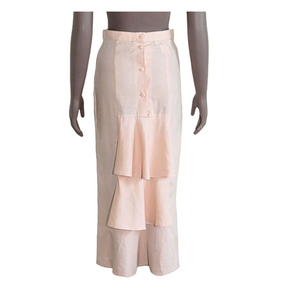 Jessica McClintock Linen Maxi Skirt Tiered Ruffle Button Front Blush Size 6 - Picture 3 of 5